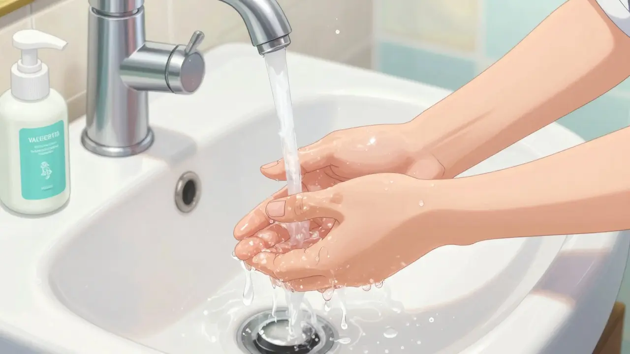 Close-up of hands being washed under a faucet to remove pet allergens.
