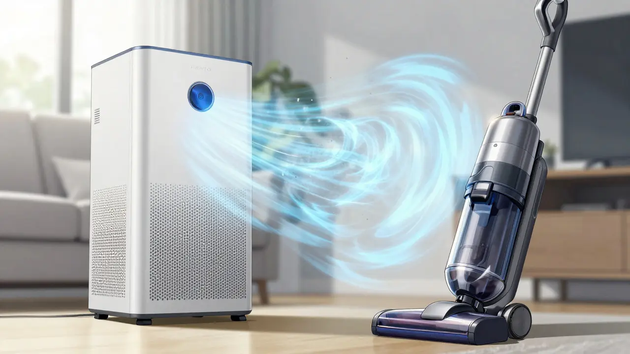 HEPA air purifier and vacuum cleaner cleaning airborne dander in a living room.