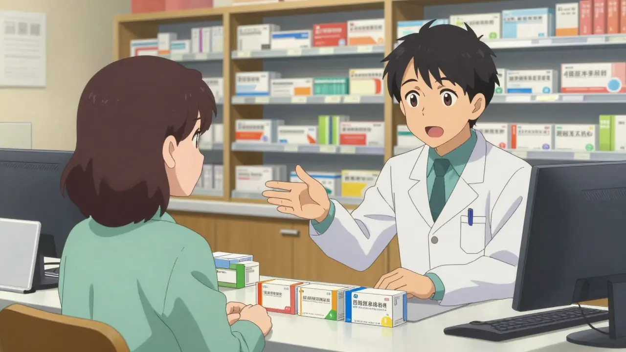 Patient consulting with pharmacist about medication safety.