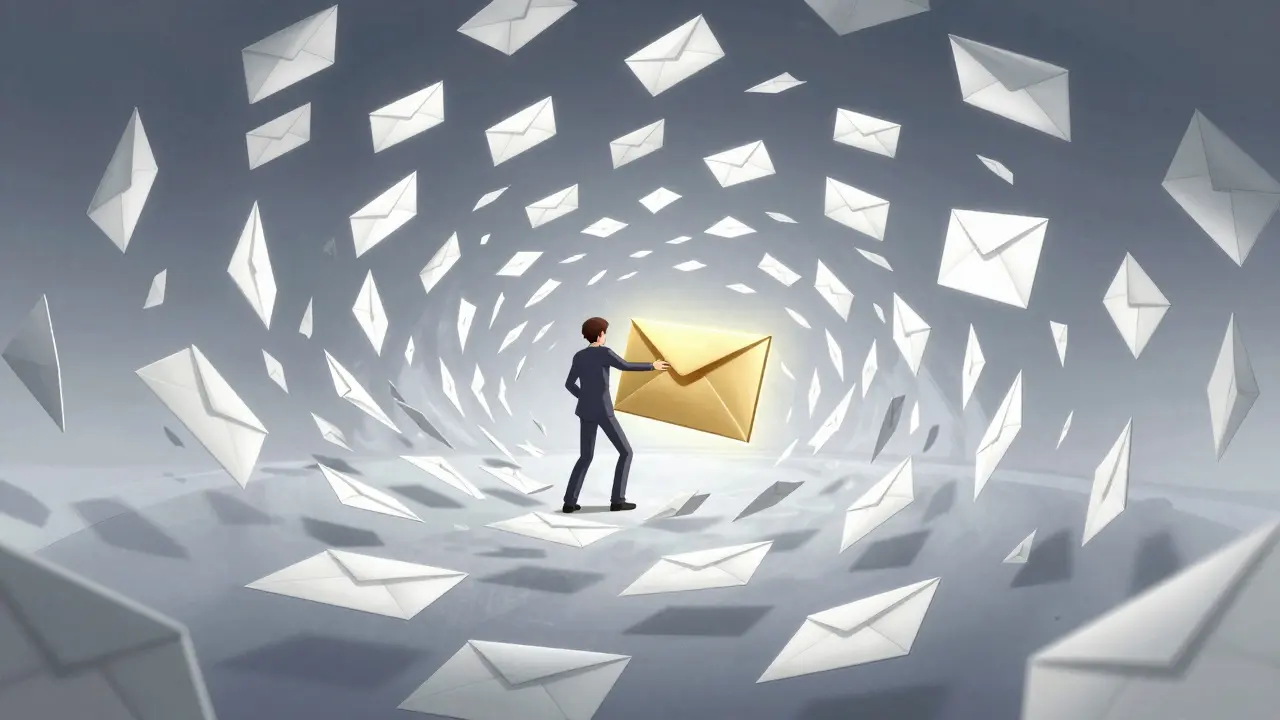 Person selecting one glowing urgent alert from a storm of many emails