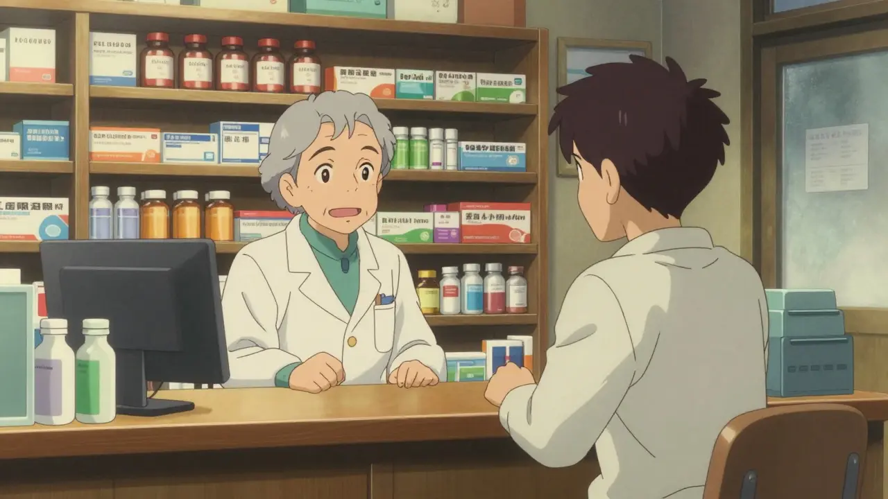 Person talking to a friendly pharmacist in a small independent drugstore