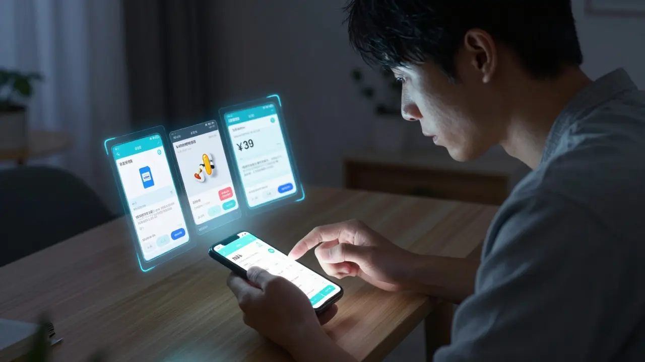 Person using a smartphone to compare medication prices across multiple discount apps