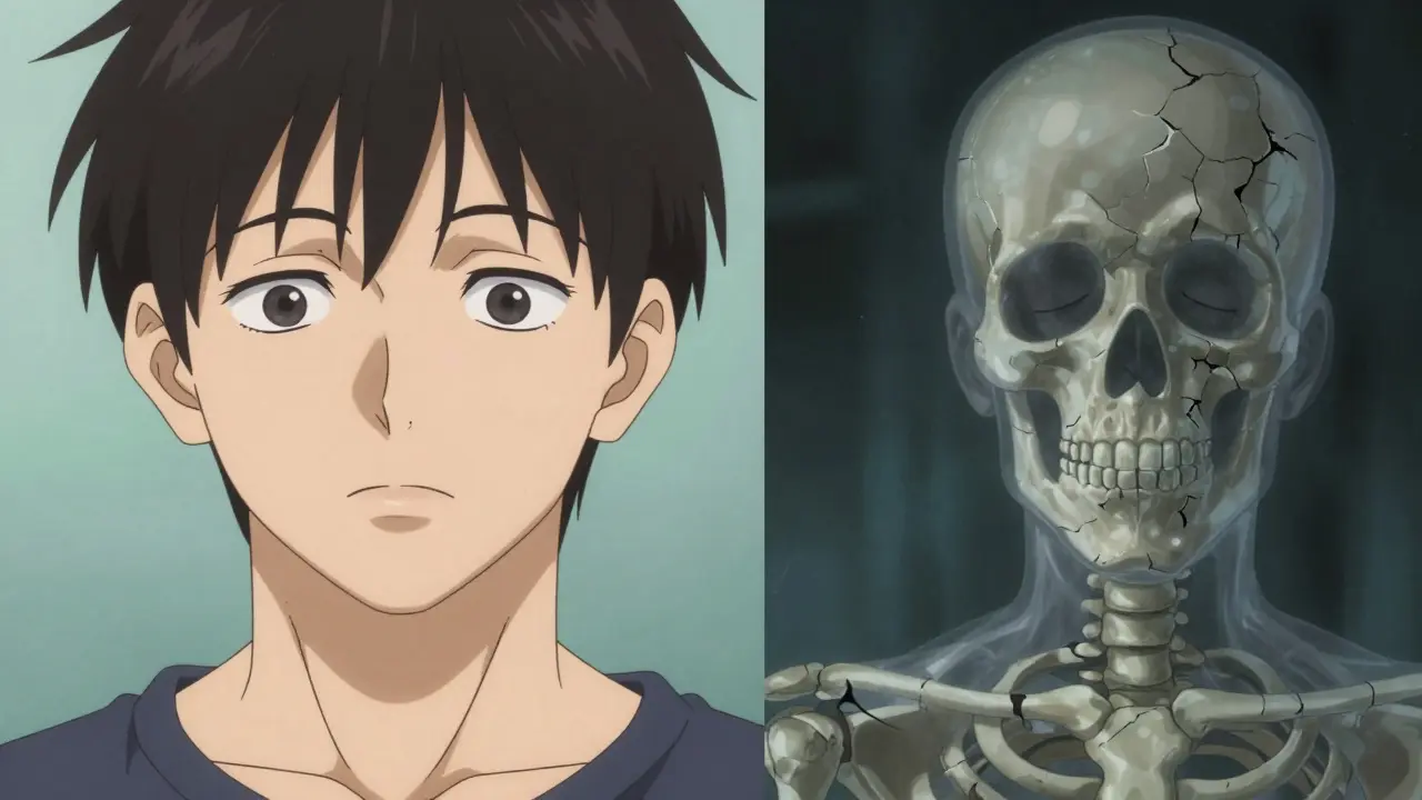 Split-screen anime art showing a healthy person and their reflection with a moon face and fragile bones.