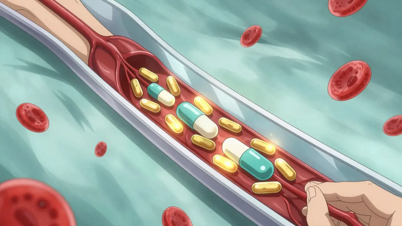 Stylized internal view of blood vessels and medication molecules interacting in the bloodstream.